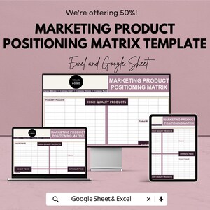 May include: A digital marketing product positioning matrix template displayed on a laptop, desktop monitor, and tablet. The text includes "Marketing Product Positioning Matrix Template" and "Excel and Google Sheet". The image has a pink background.