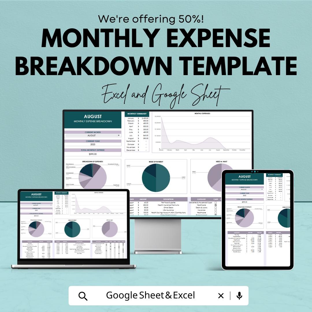 Monthly Expense Breakdown Template, Personal Budget Tracker, Excel ...