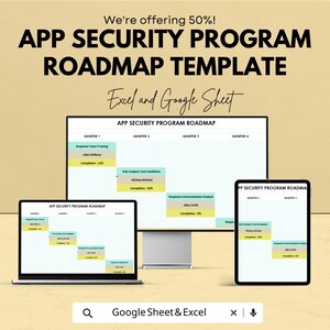 Op de afbeelding: Een afbeelding die een App Security Program Roadmap Template promoot. De afbeelding toont een computermonitor, laptop en tablet met de roadmap. De tekst bevat "We're offering 50%!" en "Excel and Google Sheet".