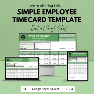 Könnte beinhalten: Digitale Werbung für eine einfache Mitarbeiter-Zeiterfassungsvorlage. Der Text lautet: „Wir bieten 50 %! EINFACHE MITARBEITER-ZEITERFASSUNGSVORLAGE Excel und Google Sheet.“ Die Zeiterfassung wird auf einem Laptop, einem Desktop-Monitor und einem Tablet angezeigt.