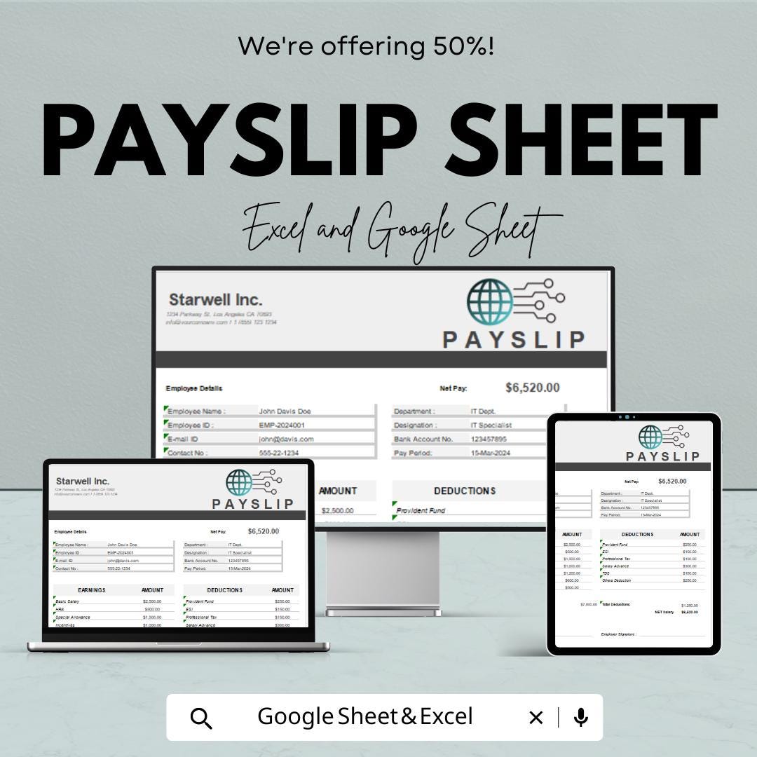Payslip Template | Editable Salary Slip Google Sheet & Excel | Payroll ...