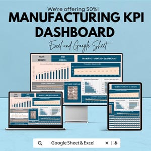 Peut inclure: Présentation numérique d'un tableau de bord KPI de fabrication, affichant des visualisations de données sur un ordinateur portable, un moniteur de bureau et une tablette. Le texte indique "MANUFACTURING KPI DASHBOARD" et "Excel and Google Sheet."