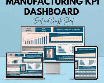 Puede incluir: Una pantalla digital de un panel de control de KPI de fabricación, que muestra visualizaciones de datos en una computadora portátil, un monitor de escritorio y una tableta. El texto dice "MANUFACTURING KPI DASHBOARD" y "Excel and Google Sheet."