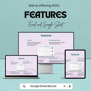 May include: An advertisement for Excel and Google Sheet features. The image shows a laptop, tablet, and monitor displaying spreadsheet features. Text includes "Features", "Task List", "Customizable Fields", and "Priority Sorting". The ad offers a 50% discount.
