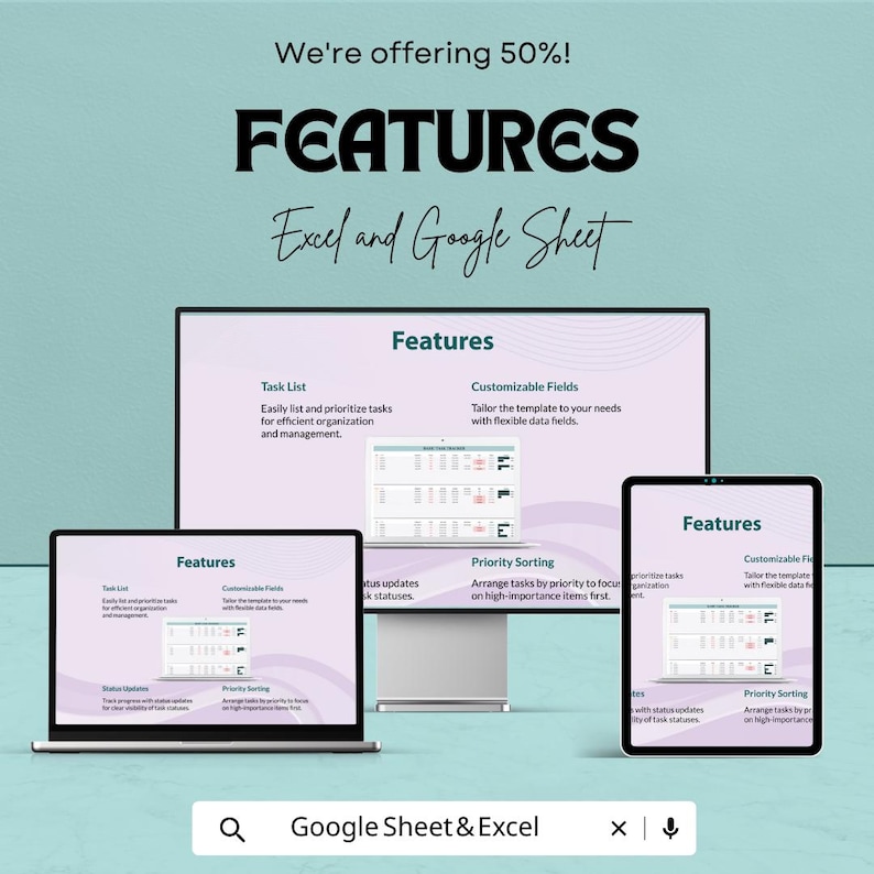 May include: An advertisement for Excel and Google Sheet features. The image shows a laptop, tablet, and monitor displaying spreadsheet features. Text includes "Features", "Task List", "Customizable Fields", and "Priority Sorting". The ad offers a 50% discount.