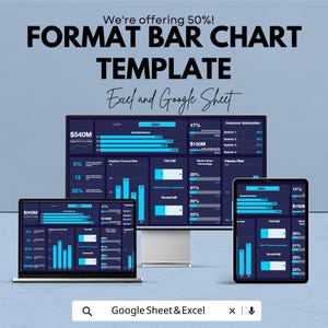Può includere: Una grafica di marketing digitale con il testo "FORMAT BAR CHART TEMPLATE" e "Excel and Google Sheet". L'immagine mostra un laptop, un monitor desktop e un tablet che visualizzano visualizzazioni di dati di grafici a barre.