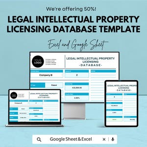 Può includere: Una pubblicità per un modello di database di licenze di proprietà intellettuale. L'immagine mostra un laptop, un monitor desktop e un tablet che visualizzano l'interfaccia del database. Il testo recita "LEGAL INTELLECTUAL PROPERTY LICENSING DATABASE TEMPLATE" e "Excel and Google Sheet".