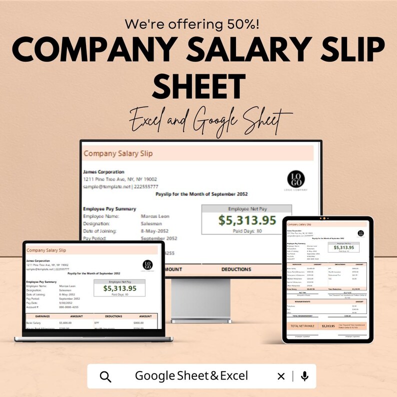 Company Salary Slip Sheet - Excel & Google Sheets Template, Payroll ...