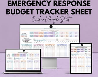 Puede incluir: Una visualización digital de una hoja de seguimiento del presupuesto de respuesta a emergencias, visible en una computadora portátil, un monitor de escritorio y una tableta. El texto "EMERGENCY RESPONSE BUDGET TRACKER SHEET" se muestra en letras grandes y en negrita. La imagen también incluye el texto "Excel and Google Sheet."