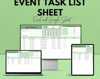 May include: An event task list sheet displayed on a laptop, desktop monitor, and tablet. The text "EVENT TASK LIST SHEET Excel and Google Sheet" is at the top. The image has a green background and the text "We're offering 50%!" is at the top.