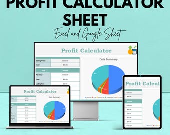 May include: An advertisement for a profit calculator sheet, displayed on a laptop, desktop monitor, and tablet. The text reads "PROFIT CALCULATOR SHEET" and "Excel and Google Sheet". The calculator displays data summaries and charts.
