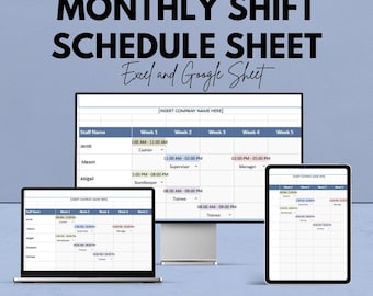 Modèle d'horaire de travail mensuel - Feuilles Excel et Google, planificateur d'horaire de travail des employés, personnalisable, organisateur de quarts de travail du personnel