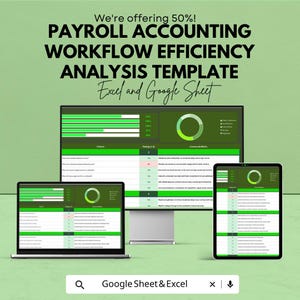 May include: A digital graphic promoting a payroll accounting workflow efficiency analysis template. The image shows a laptop, desktop monitor, and tablet displaying the template. The text reads "Payroll Accounting Workflow Efficiency Analysis Template Excel and Google Sheet."
