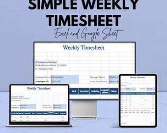 Könnte beinhalten: Ein digitaler Stundenzettel wird auf einem Computermonitor, Laptop und Tablet angezeigt. Der Text lautet "SIMPLE WEEKLY TIMESHEET Excel and Google Sheet". Der Stundenzettel enthält Felder für den Namen des Mitarbeiters, die ID und die geleisteten Arbeitsstunden.
