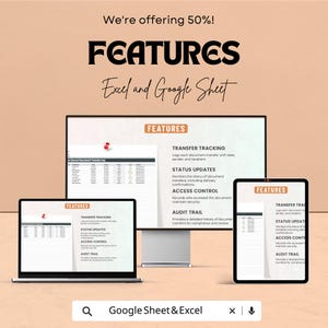 May include: An advertisement for Excel and Google Sheet features, displayed on a laptop, tablet, and monitor. The image highlights features such as transfer tracking, status updates, access control, and audit trail. The text "We're offering 50%!" is also visible. The search bar shows "Google Sheet & Excel".