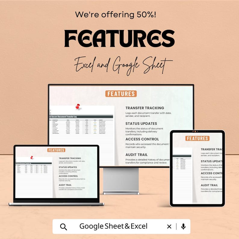 May include: An advertisement for Excel and Google Sheet features, displayed on a laptop, tablet, and monitor. The image highlights features such as transfer tracking, status updates, access control, and audit trail. The text "We're offering 50%!" is also visible. The search bar shows "Google Sheet & Excel".