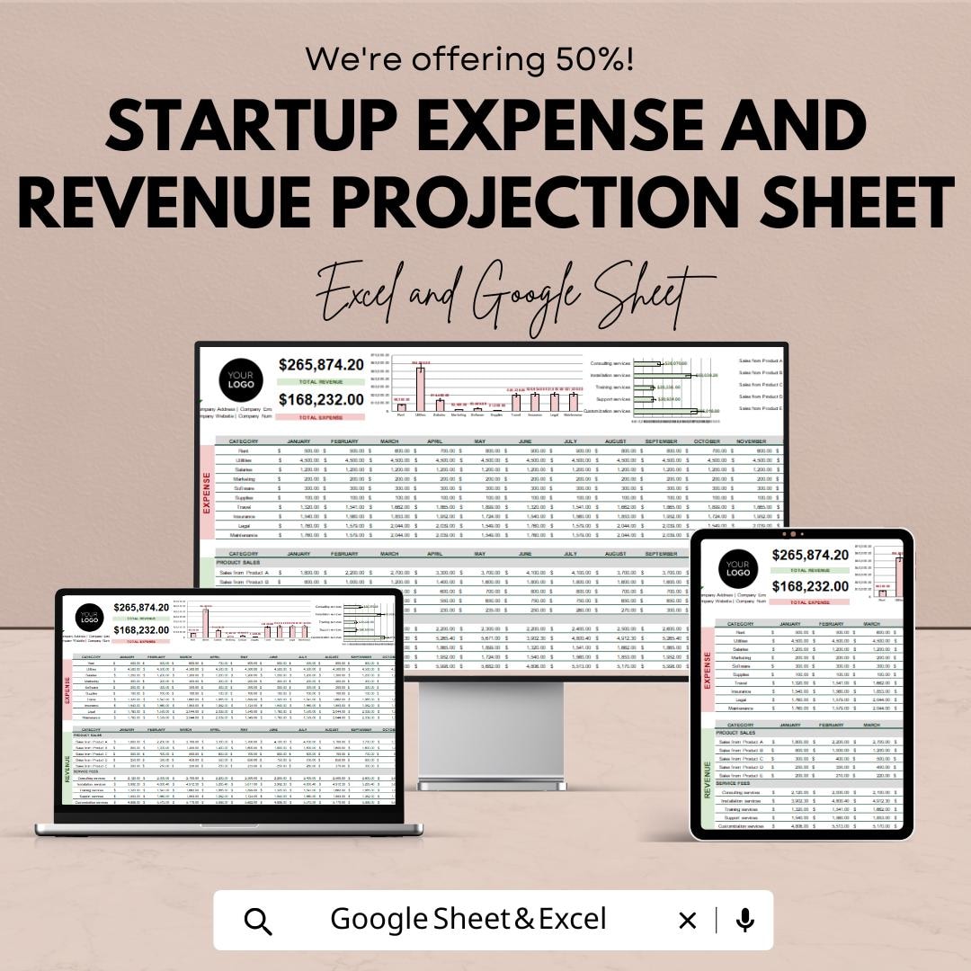 Startup Expense and Revenue Projection Sheet | Excel & Google Sheet ...