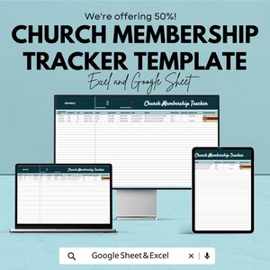 Puede incluir: Anuncio de una plantilla de seguimiento de membresía de la iglesia, disponible en formatos Excel y Google Sheet. La imagen muestra la plantilla en una computadora portátil, un monitor de escritorio y una tableta. El texto incluye "¡Ofrecemos un 50 %!" y "Plantilla de seguimiento de membresía de la iglesia."