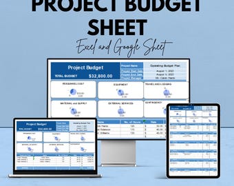 May include: A digital project budget sheet displayed on a laptop, monitor, and tablet. The total budget is $32,800.00. The text reads "Project Budget Sheet" and "Excel and Google Sheet". The image also states "We're offering 50%!"