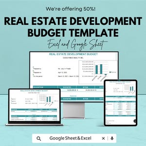 May include: A teal graphic promoting a real estate development budget template. The text reads "Real Estate Development Budget Template" with "Excel and Google Sheet" below. A laptop, monitor, and tablet display the budget.