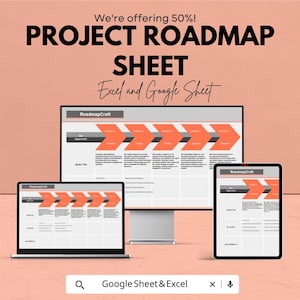 Peut inclure: Publicité pour une feuille de feuille de route de projet, affichée sur un écran d'ordinateur, un ordinateur portable et une tablette. Le texte indique "PROJECT ROADMAP SHEET Excel et Google Sheet". Le fond est de couleur pêche. L'annonce indique également "Nous offrons 50 % !"