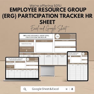 May include: An Employee Resource Group (ERG) Participation Tracker HR sheet is displayed on a laptop, desktop monitor, and tablet. The text includes "We're offering 50%!" and "Excel and Google Sheet."