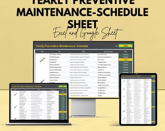 May include: An advertisement for a yearly preventive maintenance schedule sheet, compatible with Excel and Google Sheets. The image shows a laptop, a desktop monitor, and a tablet displaying the schedule. The text reads "We're offering 50%!"