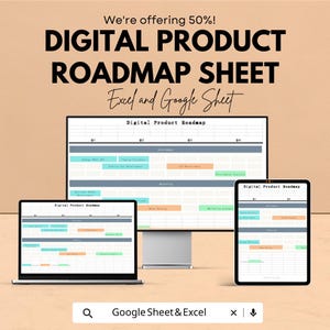 以下が含まれることがあります： ラップトップ、デスクトップモニター、タブレットに表示されたデジタル製品ロードマップシート。「DIGITAL PRODUCT ROADMAP SHEET」のテキストが大きく表示されています。画像には「Excel and Google Sheet」のテキストも含まれています。