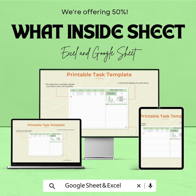 May include: A digital task template displayed on a laptop, desktop monitor, and tablet. The text "WHAT INSIDE SHEET" and "Printable Task Template" are visible. The image also includes the text "Excel and Google Sheet". The background is light green.
