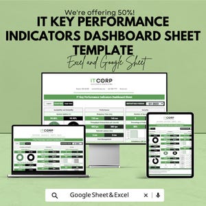 May include: An advertisement for an IT Key Performance Indicators Dashboard Sheet template, compatible with Excel and Google Sheets. The image shows a laptop, desktop monitor, and tablet displaying the dashboard. The text includes "We're offering 50%!"