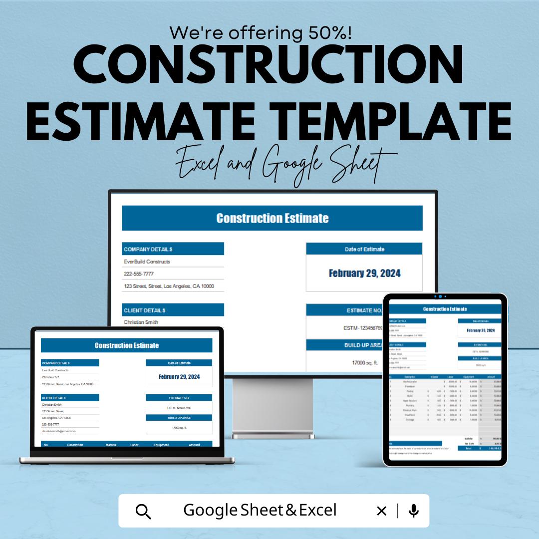 Construction Estimate Template | Cost Estimate Sheet for Contractors ...