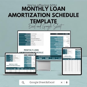 May include: A digital display of a monthly loan amortization schedule template, viewable on a laptop, desktop monitor, and tablet. The text reads "Monthly Loan Amortisation Schedule Template" and "Excel and Google Sheet."