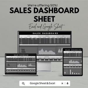 Könnte beinhalten: Werbung für ein Sales-Dashboard-Sheet, angezeigt auf einem Laptop, Desktop-Monitor und Tablet. Der Text lautet: "Wir bieten 50 %! SALES DASHBOARD SHEET Excel und Google Sheet." Die Bildschirme zeigen Datenvisualisierungen und Diagramme.