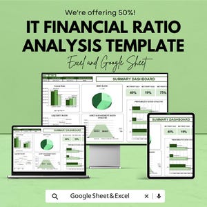 Könnte beinhalten: Eine digitale Grafik, die eine IT-Finanzkennzahlen-Analysevorlage für Excel und Google Sheet bewirbt. Das Bild zeigt einen Laptop, einen Desktop-Monitor und ein Tablet, die Finanz-Dashboards mit Diagrammen und Daten anzeigen.