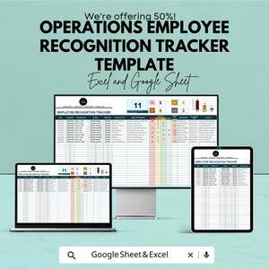 May include: An employee recognition tracker template displayed on a laptop, desktop monitor, and tablet. The text reads "Operations Employee Recognition Tracker Template" and "Excel and Google Sheet". The image is on a teal background.