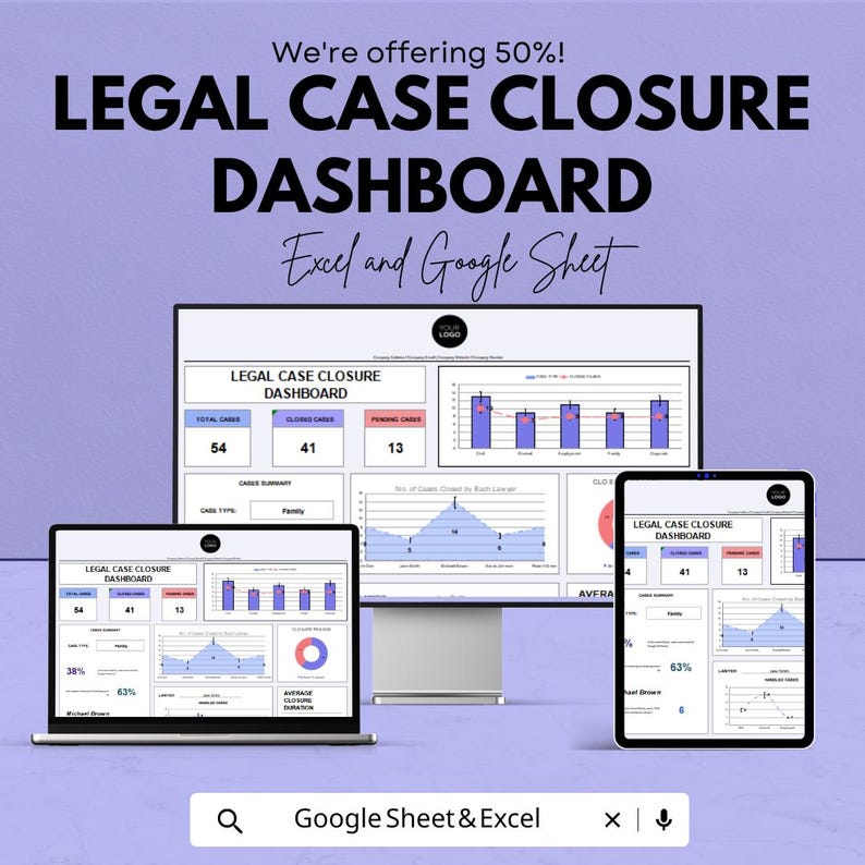 Legal Case Closure Dashboard Sheet | Google Sheets & Excel Template ...