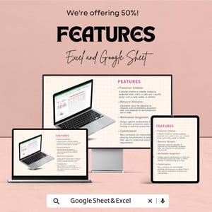 Op de afbeelding: Een advertentie voor Excel- en Google Sheet-functies. De afbeelding toont een laptop, een tablet en een monitor met de functies van de software. De tekst op de afbeelding luidt "FEATURES" en "We're offering 50%!"
