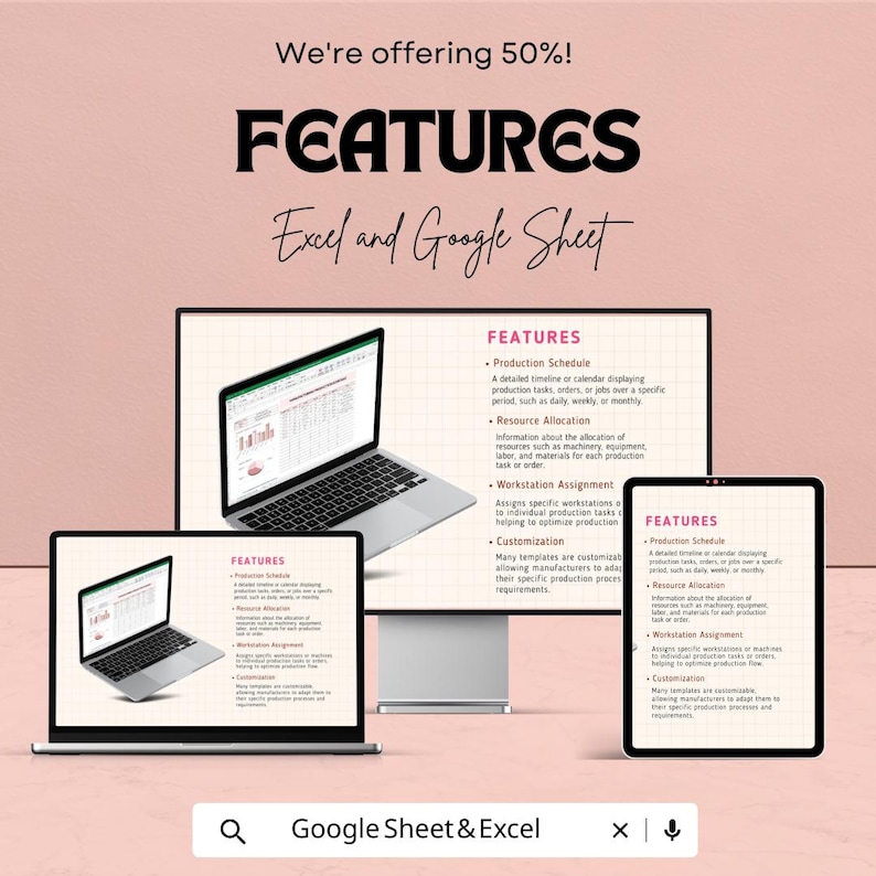 Op de afbeelding: Een advertentie voor Excel- en Google Sheet-functies. De afbeelding toont een laptop, een tablet en een monitor met de functies van de software. De tekst op de afbeelding luidt "FEATURES" en "We're offering 50%!"