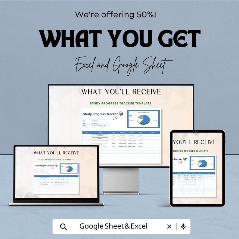 Peut inclure: Une maquette num&eacute;rique de suivi des progr&egrave;s d'&eacute;tude est affich&eacute;e sur un ordinateur portable, un moniteur de bureau et une tablette. Le texte "WHAT YOU GET" et "WHAT YOU'LL RECEIVE" sont visibles, ainsi que les mots "Excel and Google Sheet".