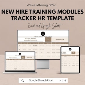 Op de afbeelding: Een digitale HR-sjabloon weergegeven op een laptop, desktopmonitor en tablet. De sjabloon, getiteld "NEW HIRE TRAINING MODULES TRACKER HR", is ontworpen voor Excel en Google Sheets. De afbeelding bevat de tekst "We're offering 50%!"