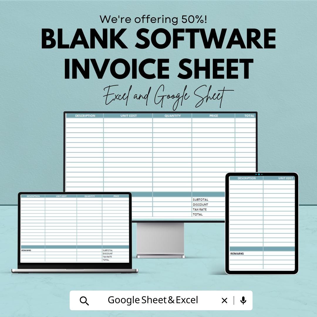Blank Software Invoice Template - Customizable Excel & Google Sheets ...