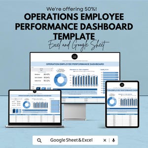 May include: An image showing an Operations Employee Performance Dashboard Template. The template is displayed on a laptop, desktop monitor, and tablet. The text includes "Excel and Google Sheet". The background is a light blue colour.