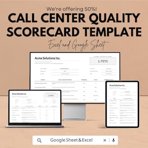 May include: A promotional image for a call center quality scorecard template. The image shows a computer monitor, laptop, and tablet displaying the template. Text on the image includes "We're offering 50%!" and "Excel and Google Sheet."