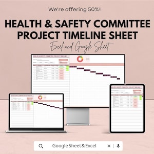 Op de afbeelding: Een promotieafbeelding voor een Health & Safety Committee Project Timeline Sheet. De tekst "We're offering 50%!" staat bovenaan. Het blad wordt weergegeven op een computermonitor, een laptop en een tablet. De tekst "Excel and Google Sheet" is ook zichtbaar.