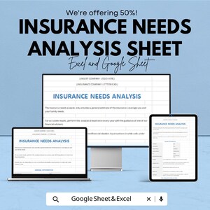 May include: Digital marketing image advertising an insurance needs analysis sheet. The image shows a laptop, desktop monitor, and tablet displaying the sheet. Text includes "INSURANCE NEEDS ANALYSIS SHEET Excel and Google Sheet". The background is light blue.