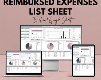 May include: A digital graphic showing a "REIMBURSED EXPENSES LIST SHEET" on a laptop, desktop monitor, and tablet. The text "We're offering 50%!" is at the top. The words "Excel and Google Sheet" are also displayed.