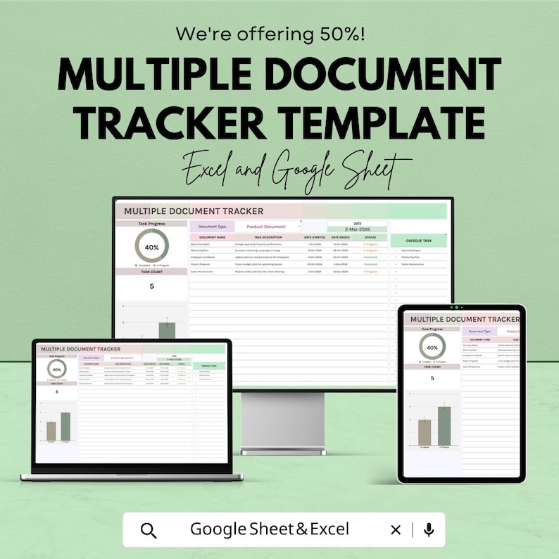 Op de afbeelding: Een advertentie voor een Multiple Document Tracker Template, compatibel met Excel en Google Sheets. De afbeelding toont de sjabloon weergegeven op een desktopcomputer, een laptop en een tablet. De tekst "We're offering 50%!" staat bovenaan.