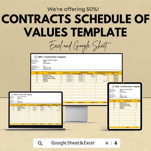 Peut inclure: Une image numérique faisant la promotion d'un modèle de calendrier des valeurs des contrats. Le texte indique "CONTRACTS SCHEDULE OF VALUES TEMPLATE" et "Excel and Google Sheet". L'image montre un écran d'ordinateur, un ordinateur portable et une tablette affichant une feuille de calcul.
