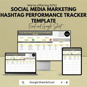 May include: A digital marketing template for social media hashtag performance tracking, displayed on a laptop, desktop monitor, and tablet. The template includes data for Facebook and Twitter, with the text "Excel and Google Sheet".