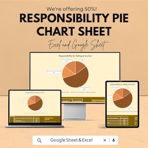 May include: A digital graphic showing a responsibility pie chart sheet on a laptop, desktop monitor, and tablet. The text reads "RESPONSIBILITY PIE CHART SHEET Excel and Google Sheet". The pie chart is divided into sections of brown and tan.